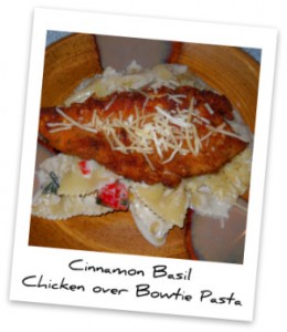 Cinnamon Basil Chicken over Bowtie Pasta